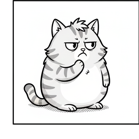 Panel 3: Puff is sitting upright on the floor, looking contemplative with one paw thoughtfully placed under her chin. Her grumpy  — Getting in Shape