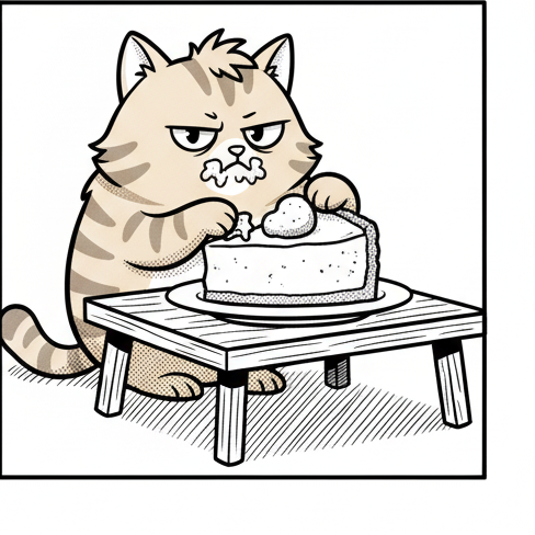 Panel 4: Puff is happily perched at a low table, enthusiastically digging a paw into a large slice of cheesecake on a plate. Her  — Getting in Shape