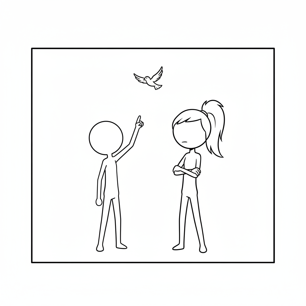 Panel 1: Bean stands with its plain round head tilted back, looking up towards the clear sky, one stick arm pointing vaguely upwa — Flying Birds