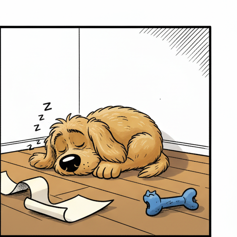 Panel 2: Biscuit is sprawled out on a sunbeam patch on the floor, sound asleep, snoring lightly, his oversized paws twitching. Th — Biscuit's To-Do List
