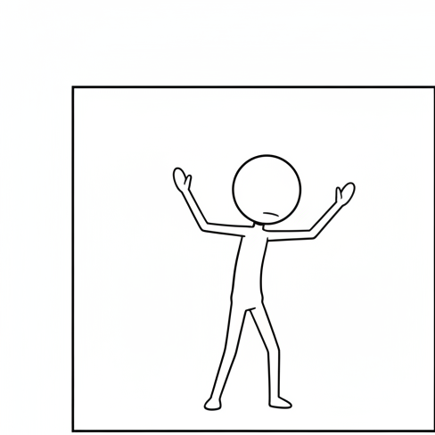 Panel 1: Bean is standing, leaning forward slightly with both thin stick arms raised and gesturing excitedly. Ponytail stands opp — The Simulation Hypothesis