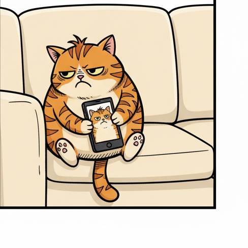 Panel 4: Puff is slumped dejectedly against the sofa cushions, looking utterly defeated. The smartphone lies flat on his cream be — The Perfect Selfie