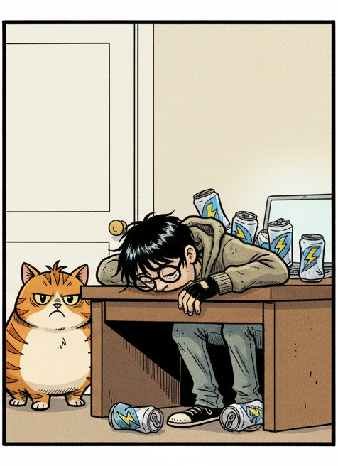 Panel 3: Dex is completely slumped forward, face down on his cluttered desk, forming a small pillow with his messy dark hair. An  — Puff's Whims